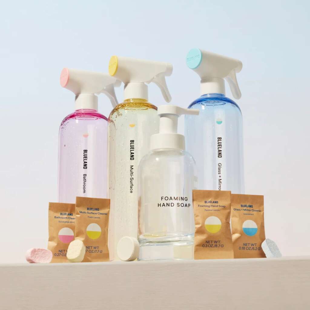 Blueland's Set of eco-friendly cleaners includes 4 Reusable Forever Bottles and 4 plastic-free refill tables that are shipped to you in compostable paper. $39