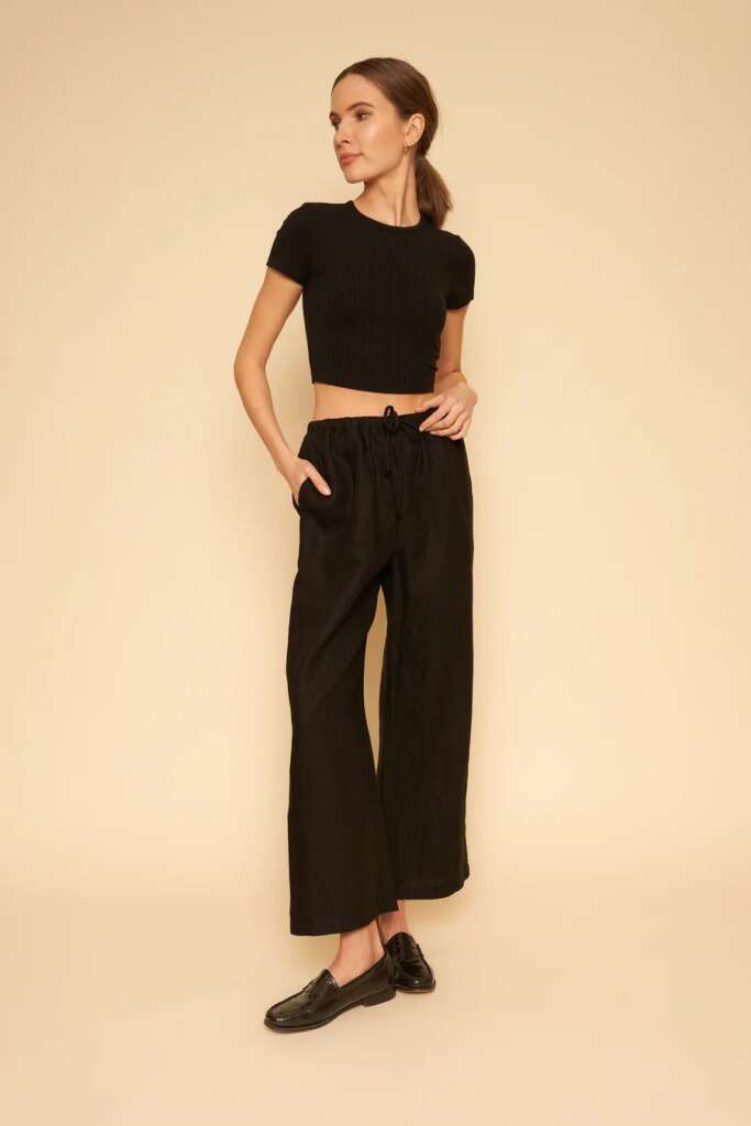Whimsy + Row Kira Pant in Black is made from 100% linen. $162