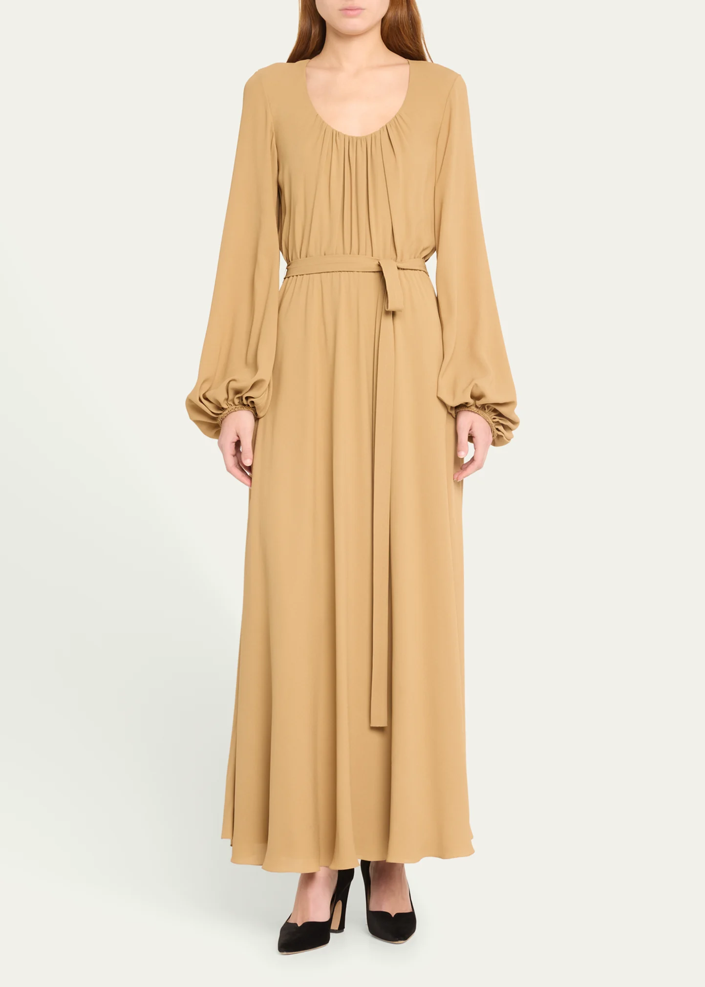 CHLOE x Atelier Jolie Scoop-Neck Long-Sleeve Belted Silk Maxi Dress