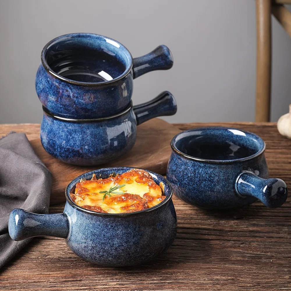26 Oz Blue French Onion Soup Bowls With Handles, Set Of 4