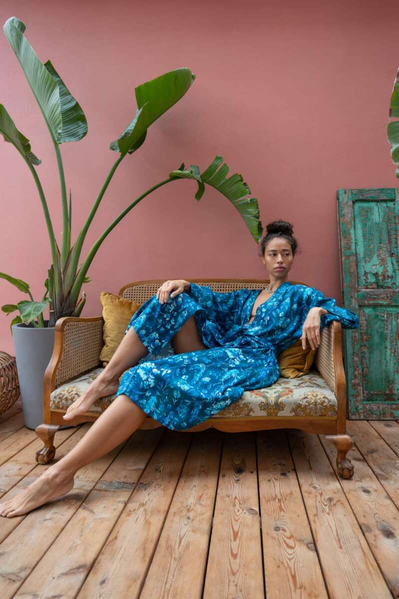 Orchard Moon Cerulean Dream Kimono Robe is made from 100% plant-based silk. $324
