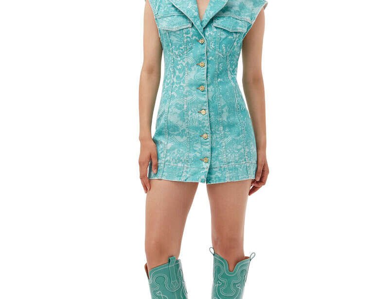 Ganni was one of the sustainable designers at Copenhagen Fashion Week 2023. Lace Denim Dress is 100% organic cotton and ethically made in Turkey $425