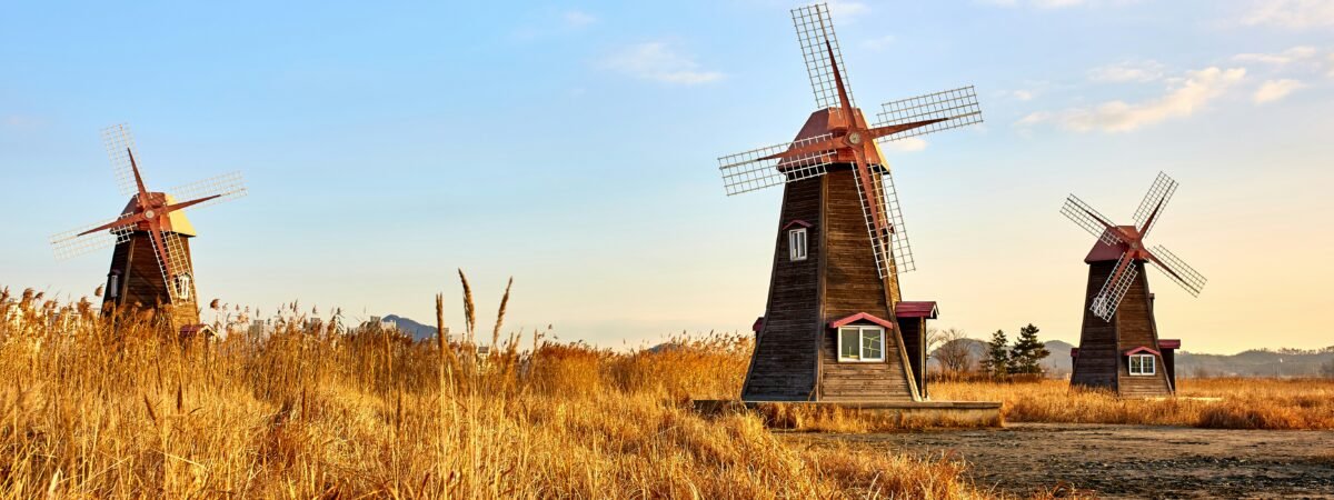 Old field with windmills in South Korea